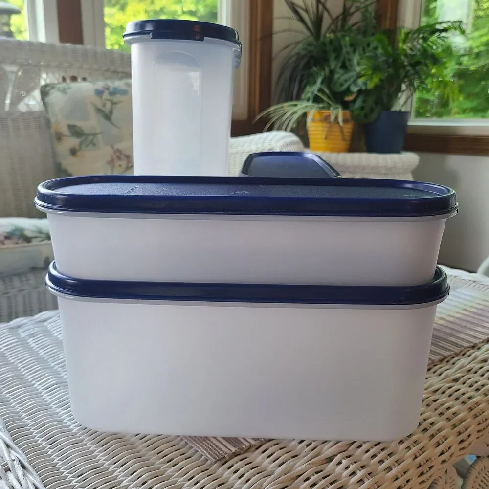 Vintage Tupperware Modular Mates Super Oval Pantry Set Four Piece Set Blue Lids